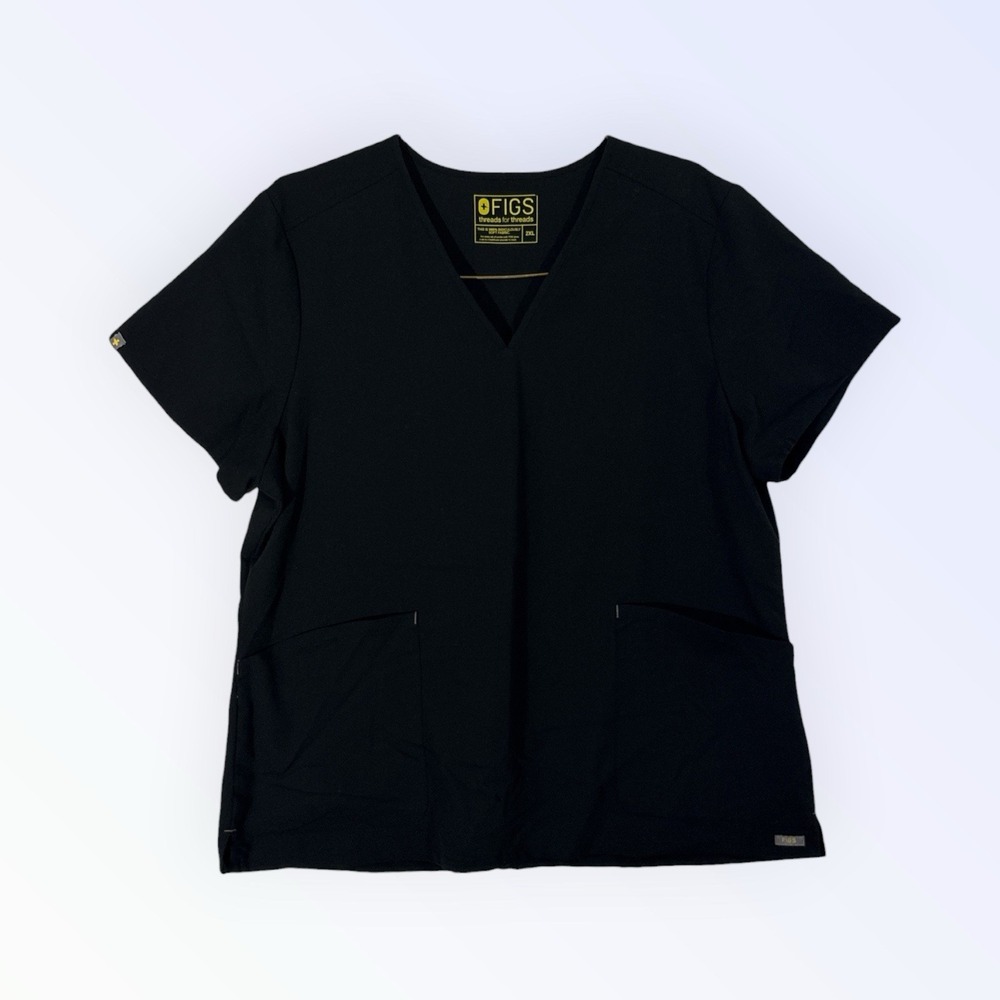 Figs‎ Scrub Top Womens XL Pockets Black With Yellow Logo Medical Wear